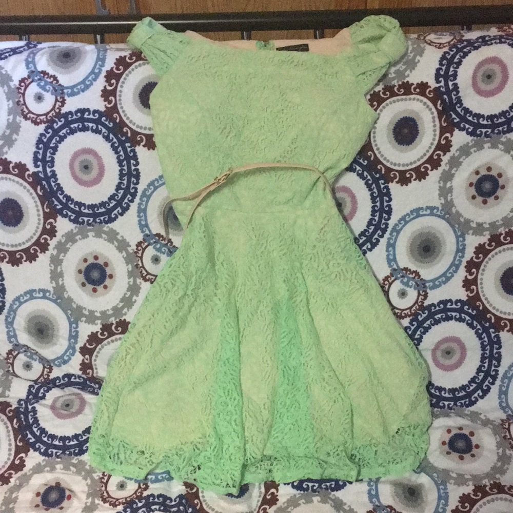 Light green and cream off the shoulder dress
